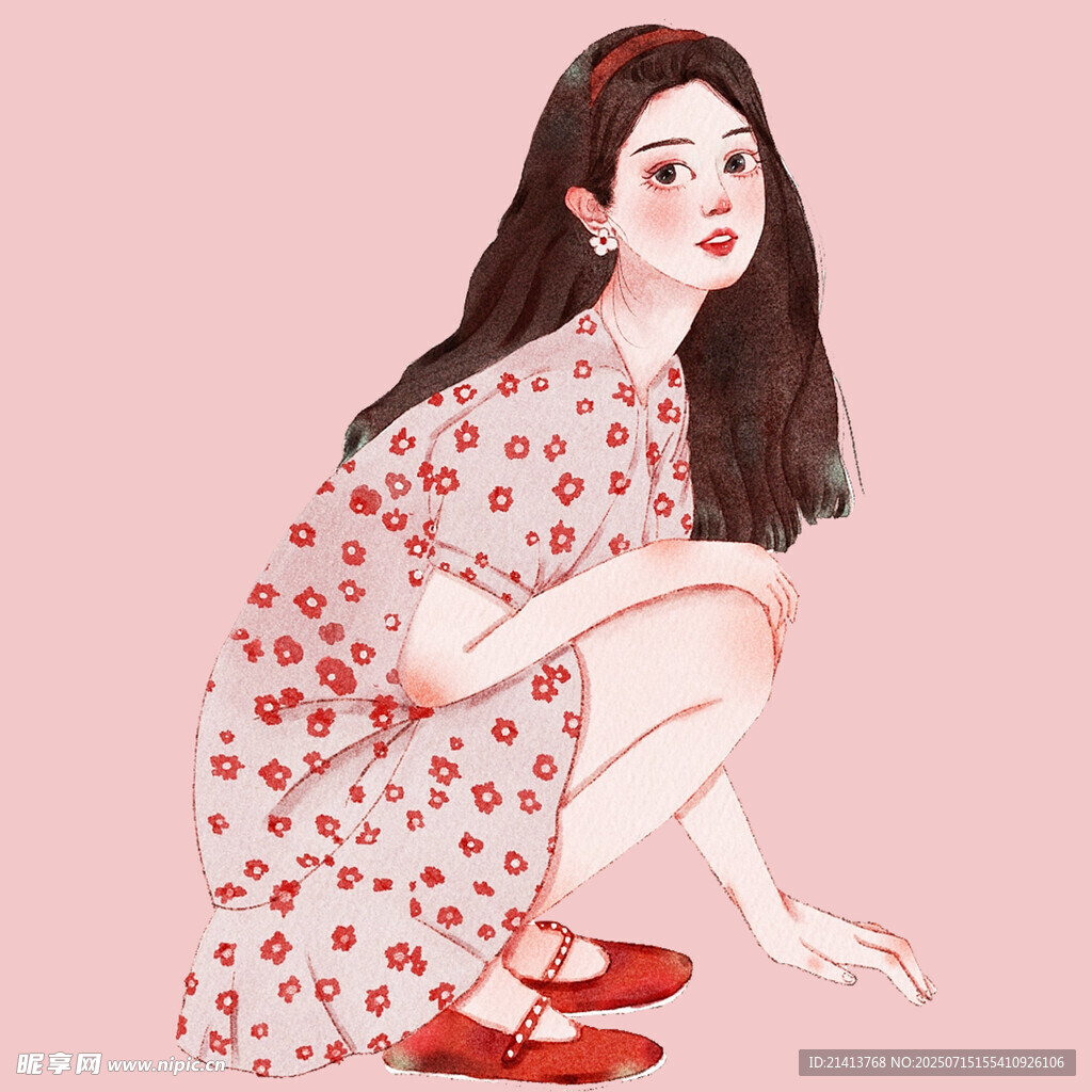 穿碎花裙的蹲姿女孩