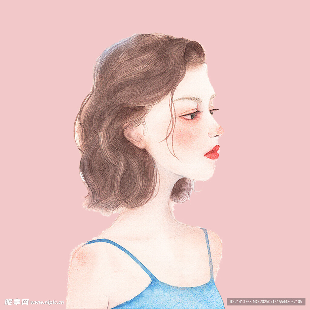 侧颜少女水彩插画