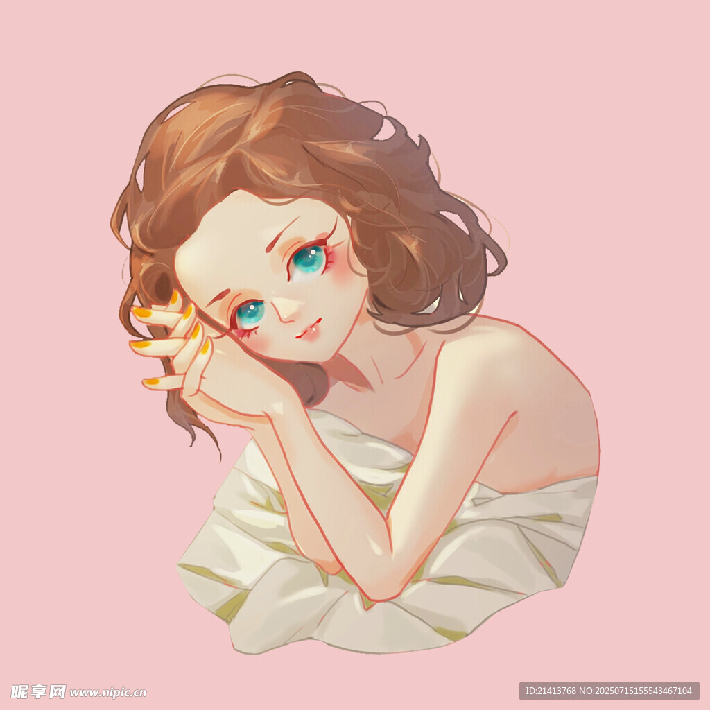 卷发少女托腮温柔模样
