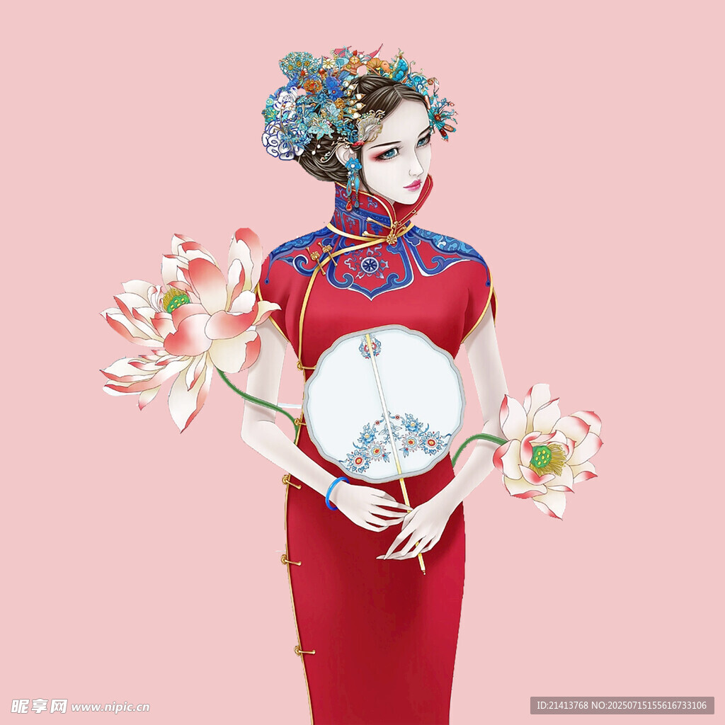 红衣女子持扇展东方韵味