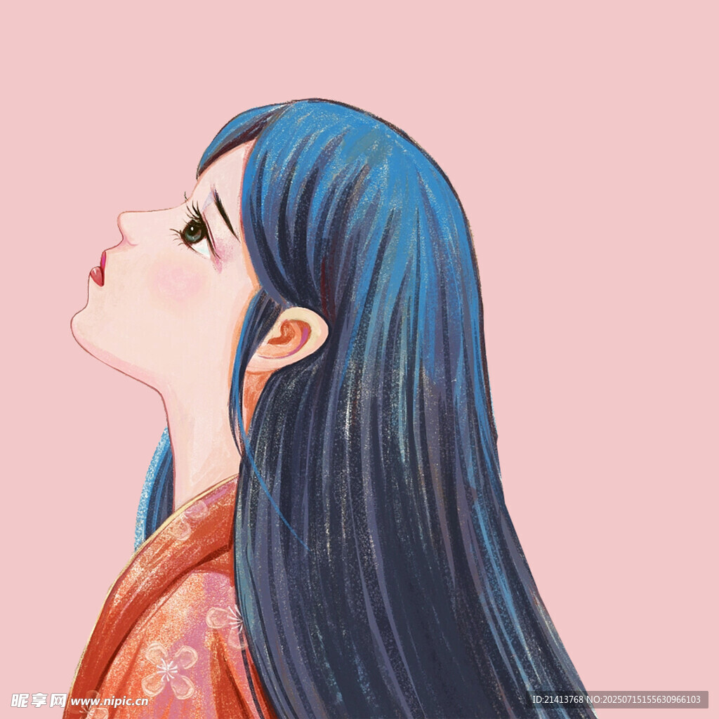 蓝发少女侧颜  温婉动人