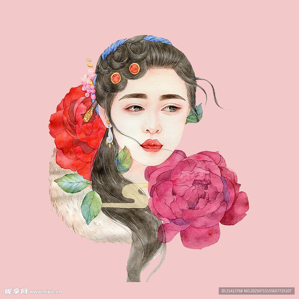 古风女子与娇艳花卉