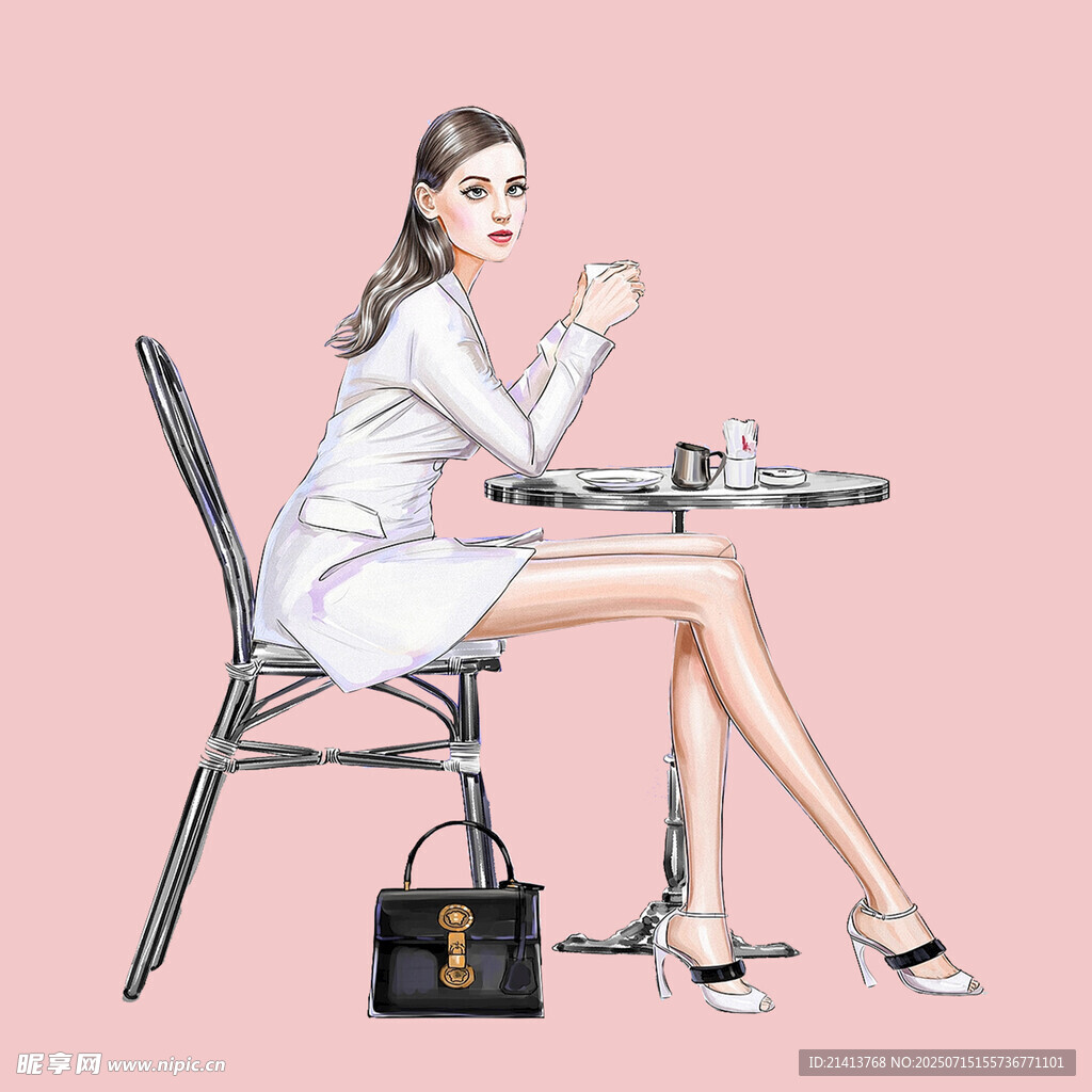 优雅女子于桌前惬意喝咖啡