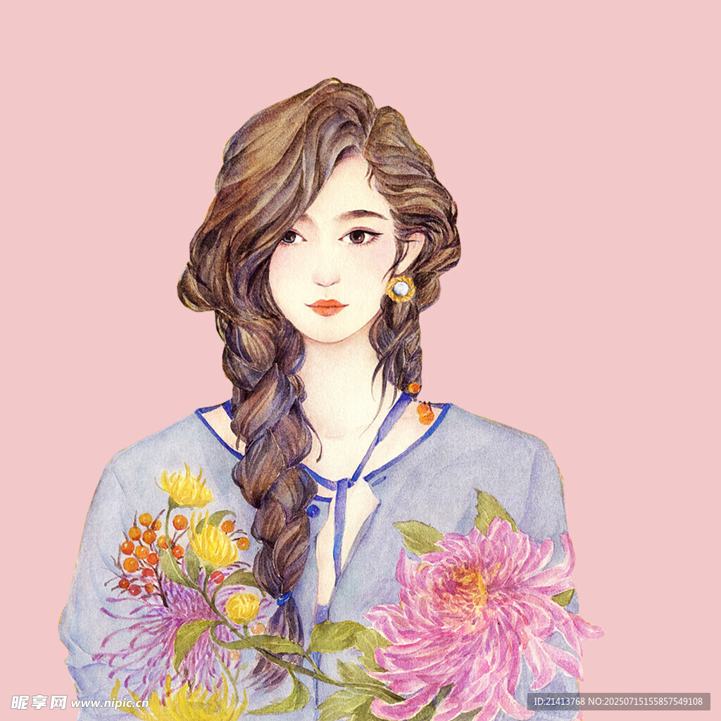 手持繁花的优雅长发女子