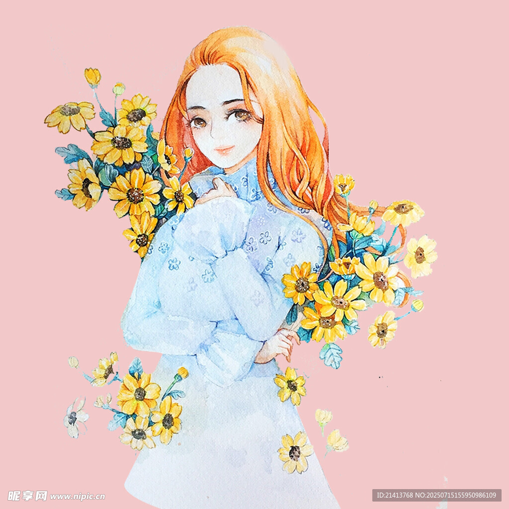 持花少女插画