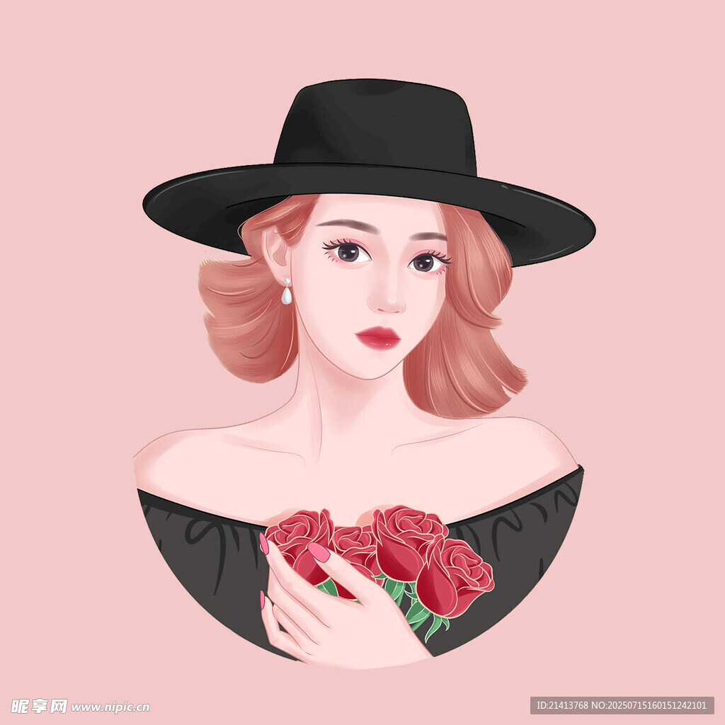 戴帽捧花的优雅女性