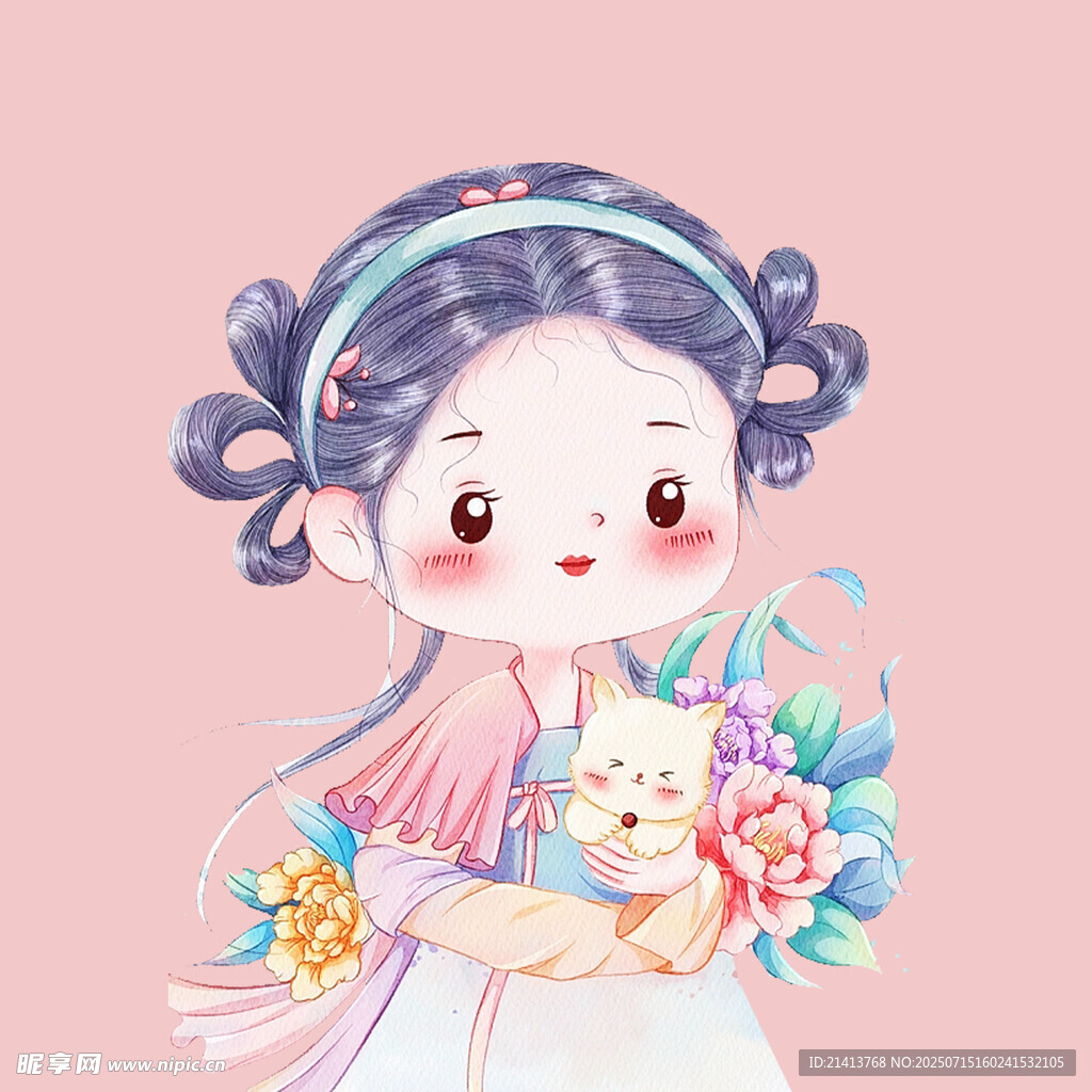 抱兔捧花的可爱双髻女孩