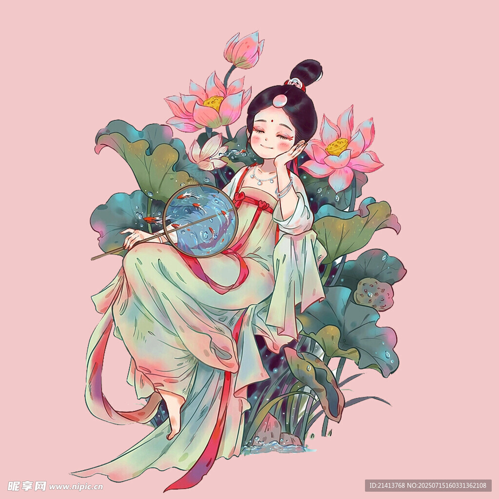 古风美人倚坐荷花丛中