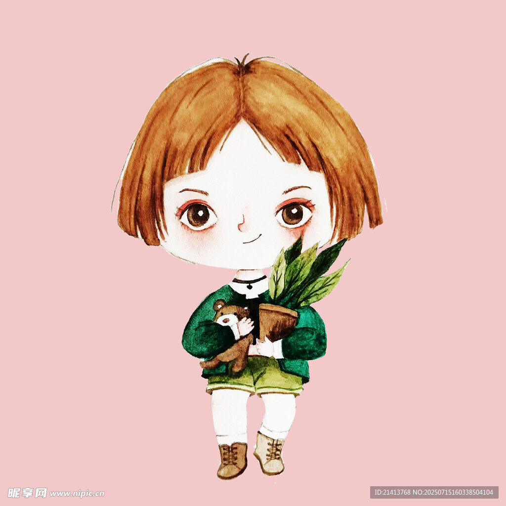手持绿植的可爱短发女孩