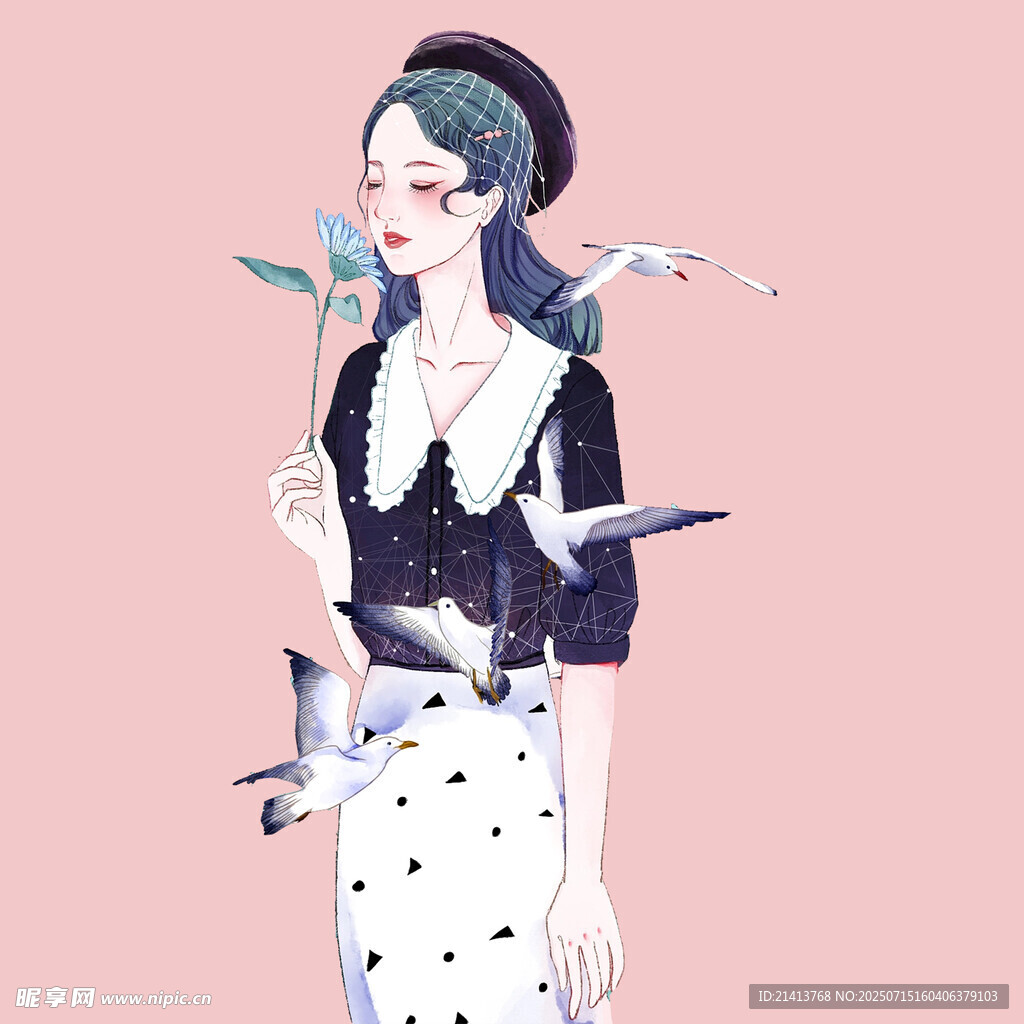 优雅波点少女与飞鸟相伴