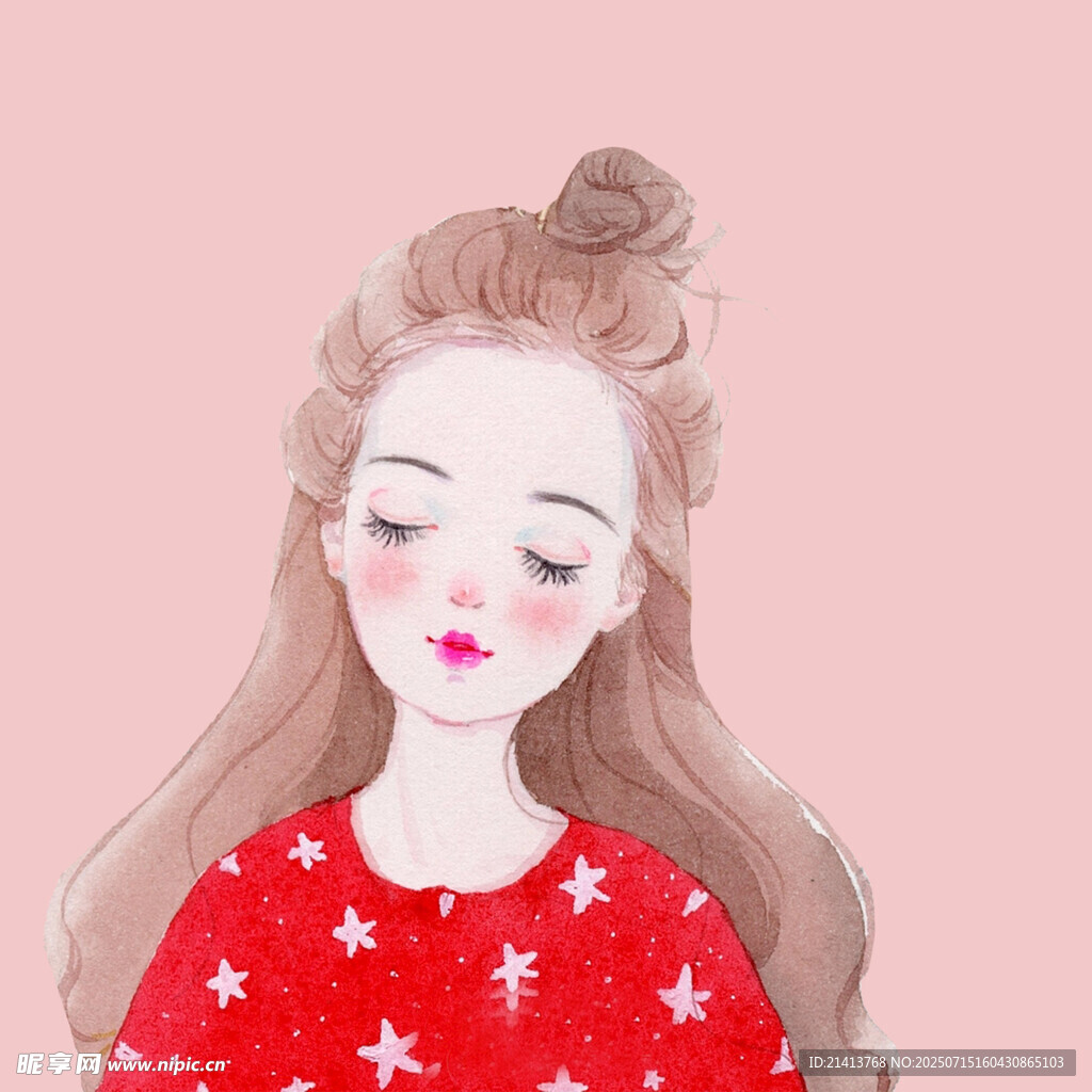 闭眼的红衣长发梦幻女孩