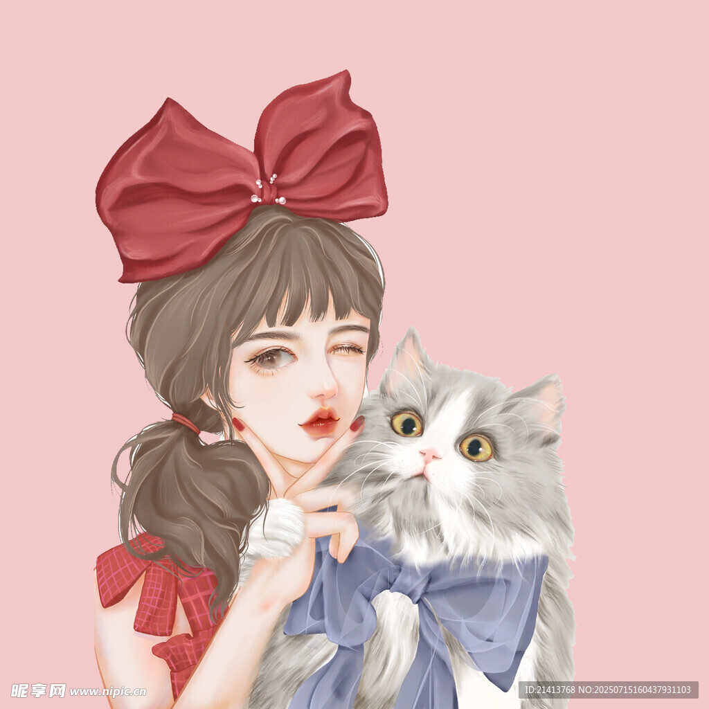 红发女孩与戴领结猫咪