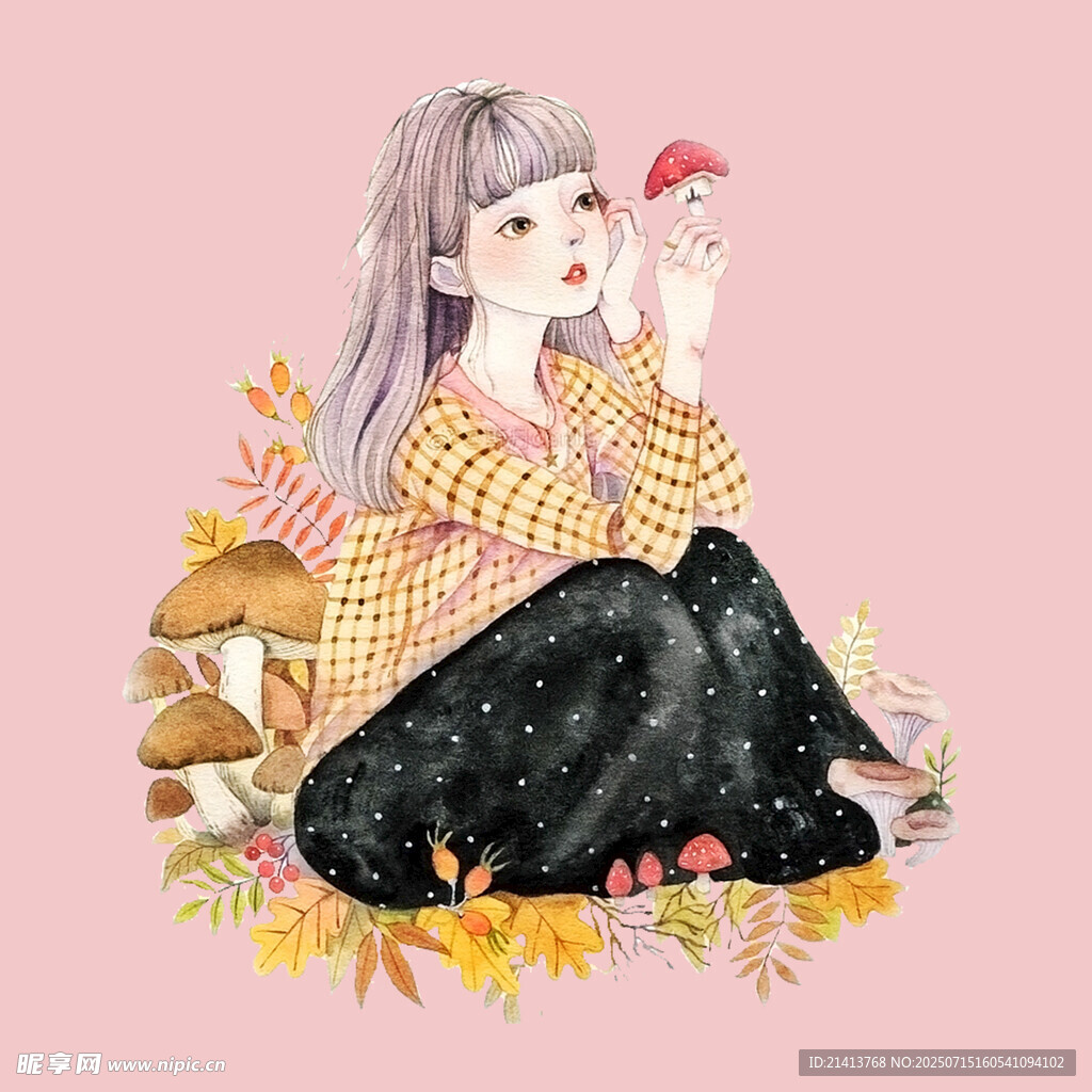 秋日少女与蘑菇苹果插画