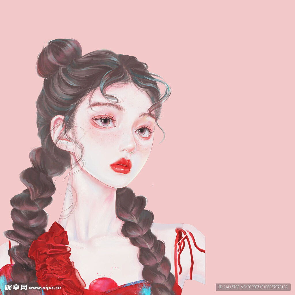 双麻花辫古风红衣美少女