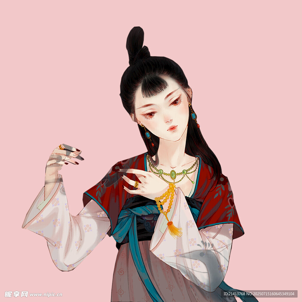 古风女子手持花枝赏玩