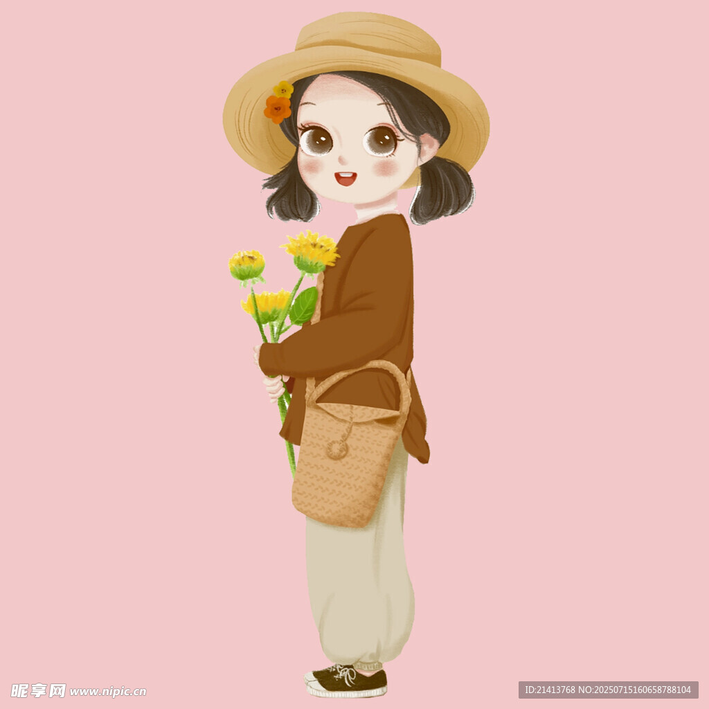 戴帽女孩手持花与包