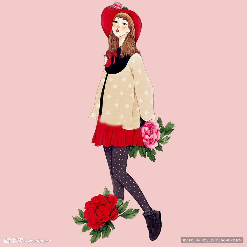 时尚女孩与娇艳玫瑰