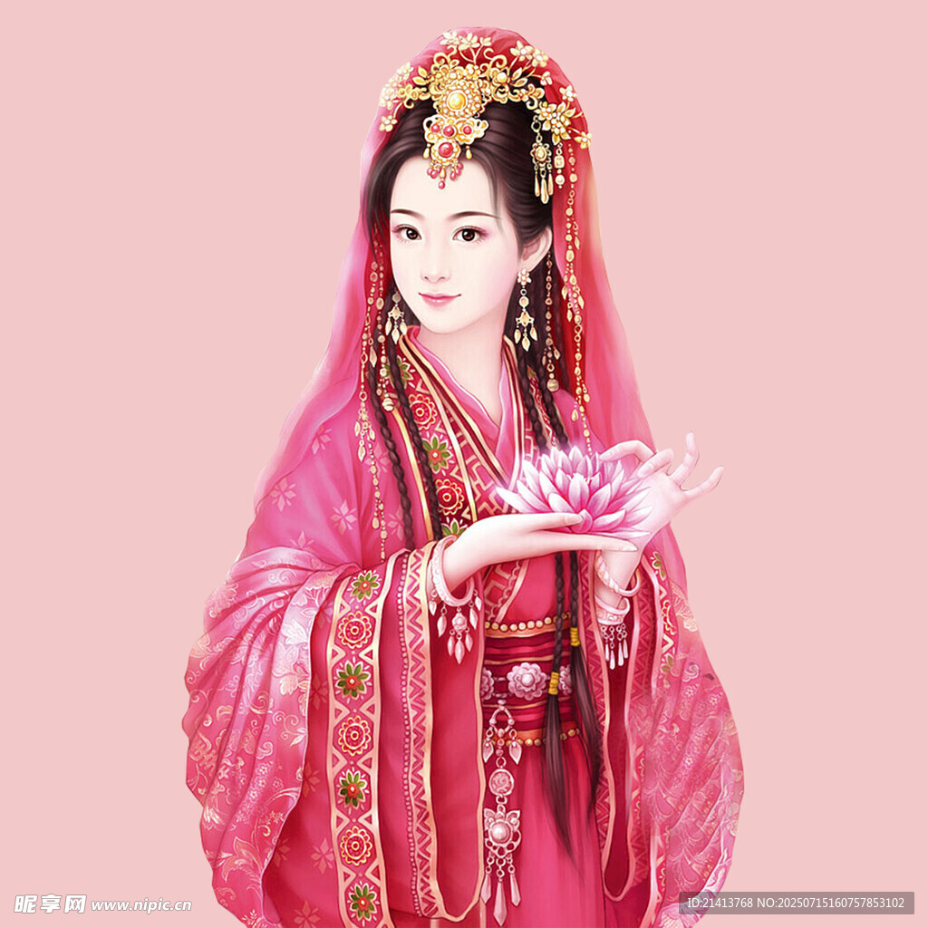 古风粉色汉服女子持花