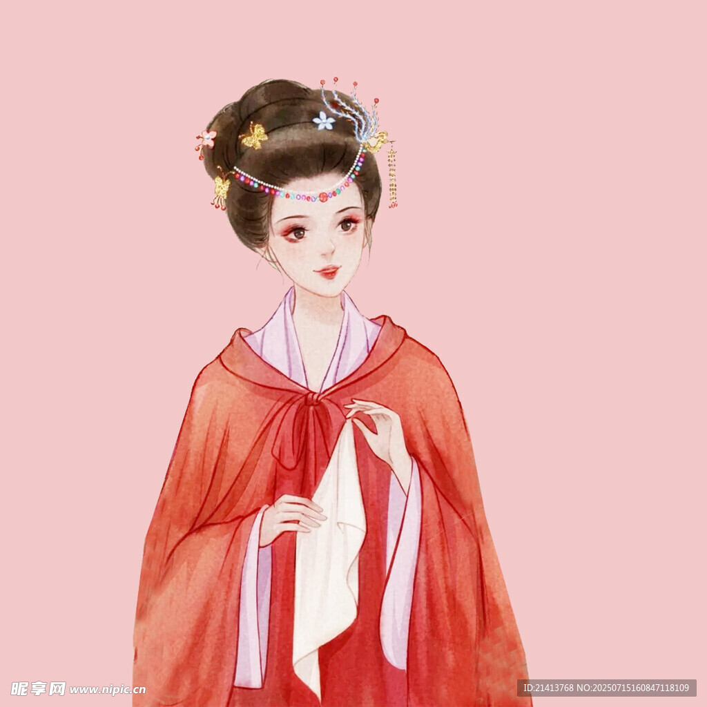 红衣古装女子优雅立姿