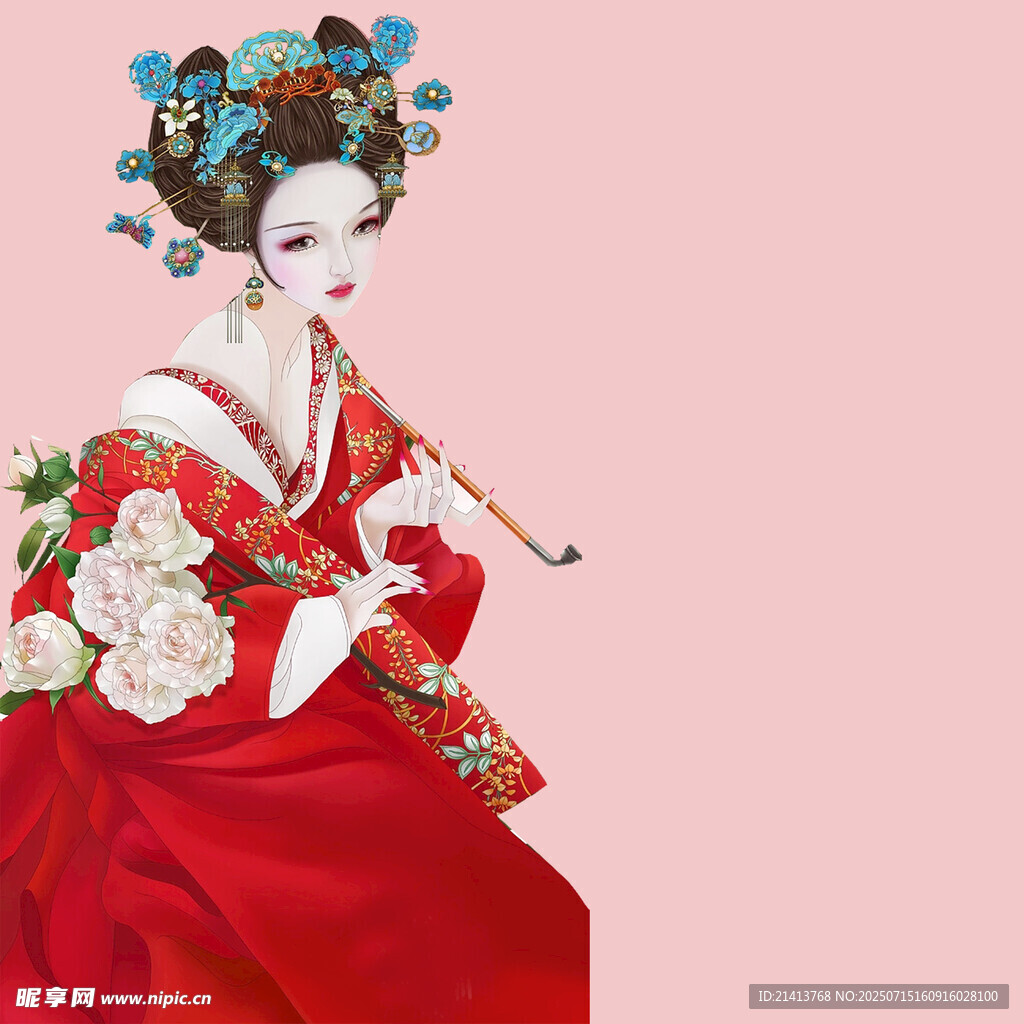 红衣古装女子优雅吹笛