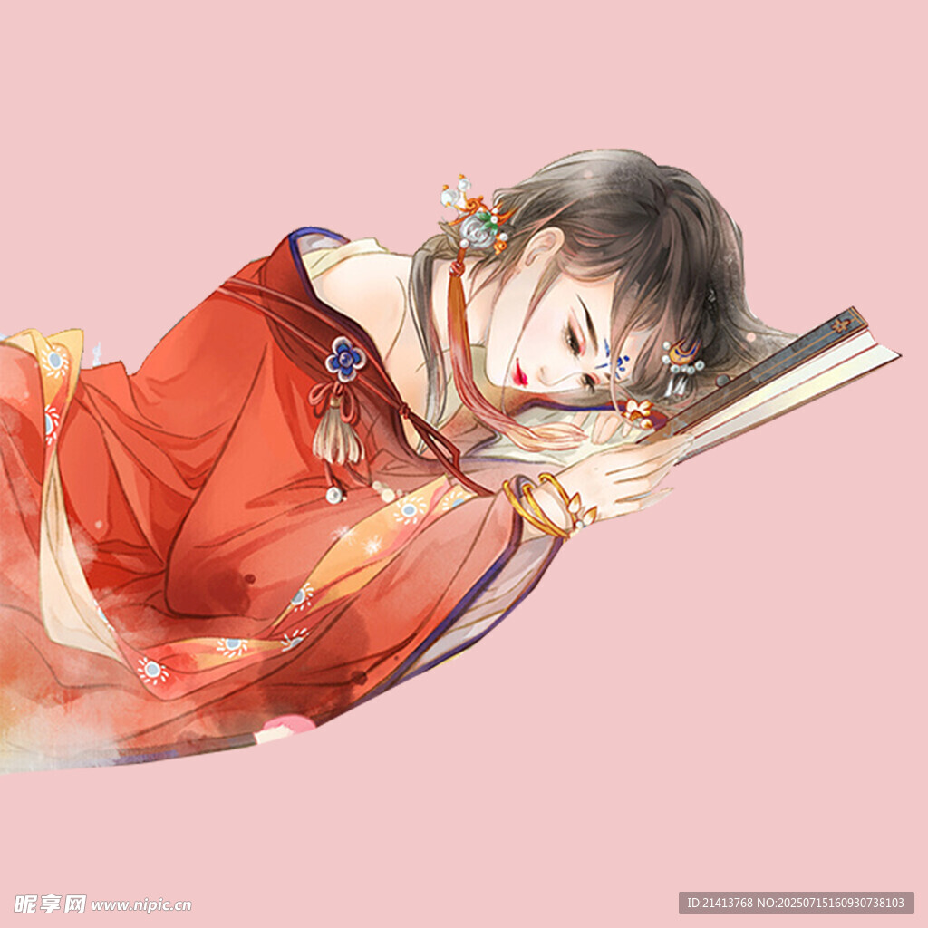 红衣少女侧卧持书卷