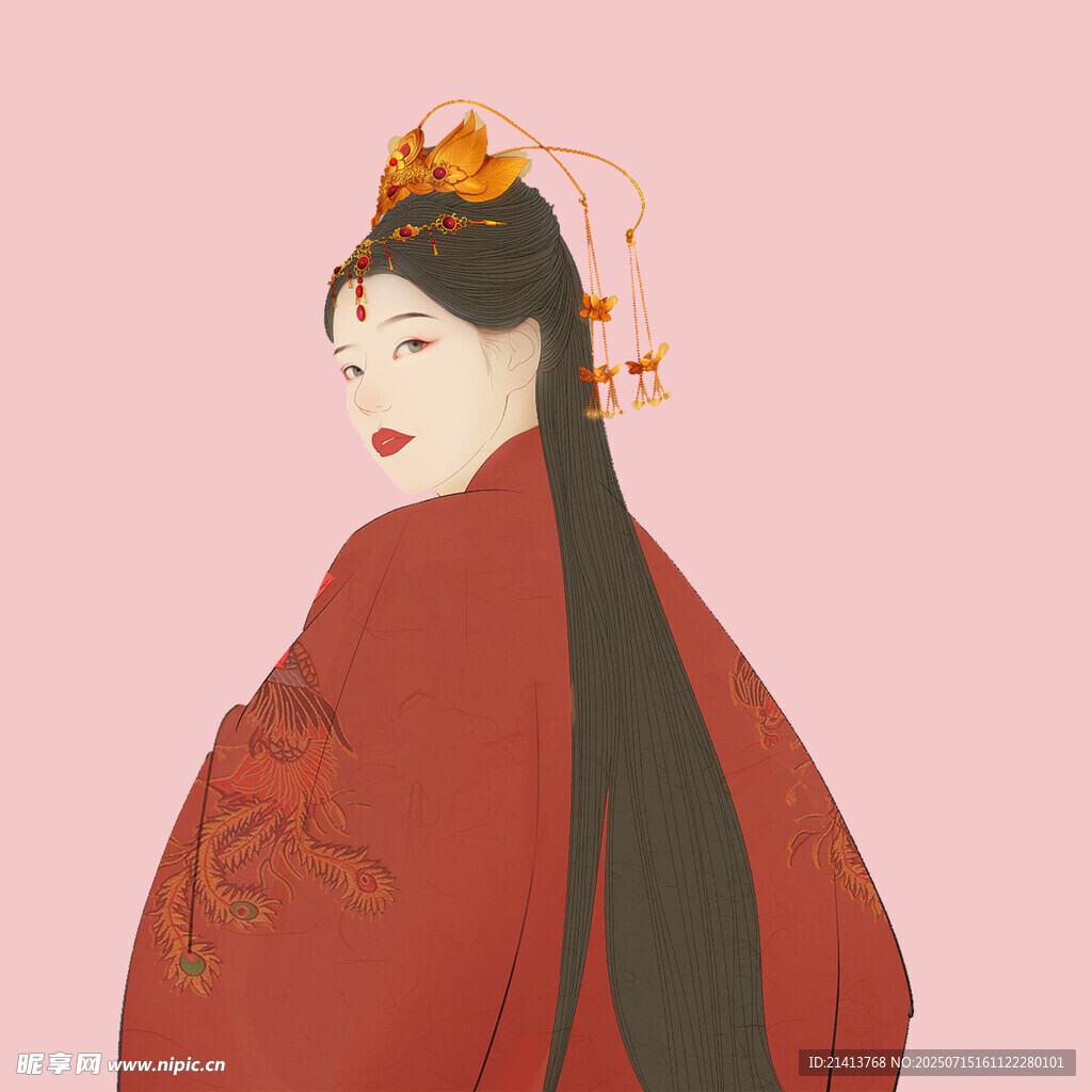 古风红衣女子优雅侧影