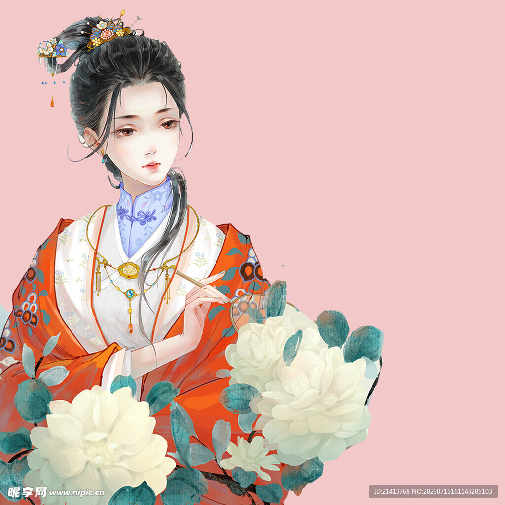 古风佳人持花图