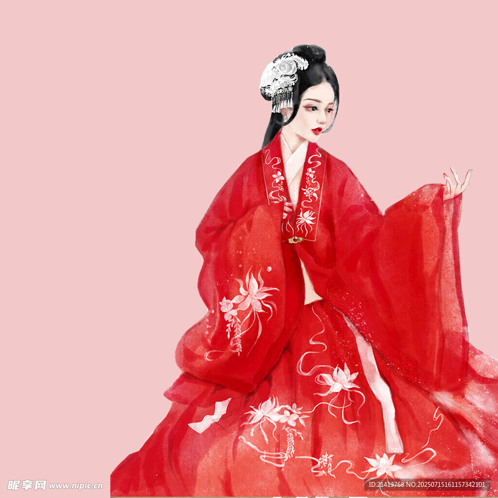 红衣古装女子优雅端坐