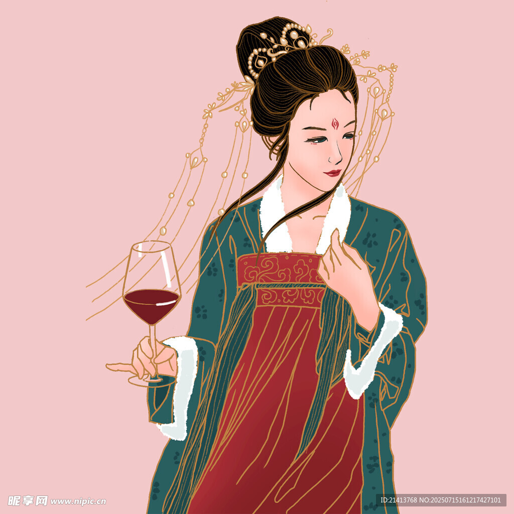 古风女子持红酒优雅姿态