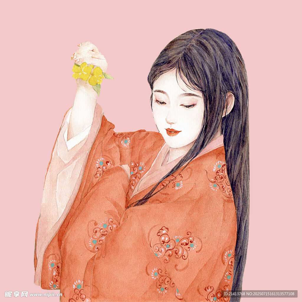 古风女子手持黄物展优雅