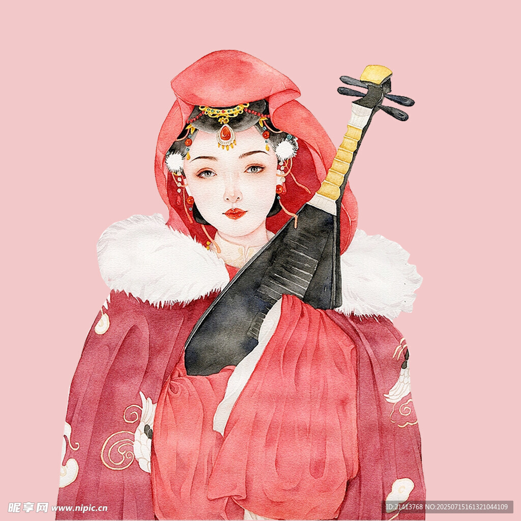 红衣少女持乐器古风形象