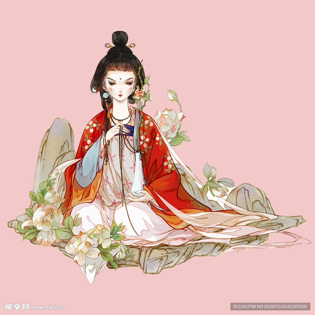 古风红衣女子优雅静坐