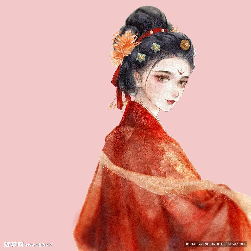 古风红衣女子优雅转身