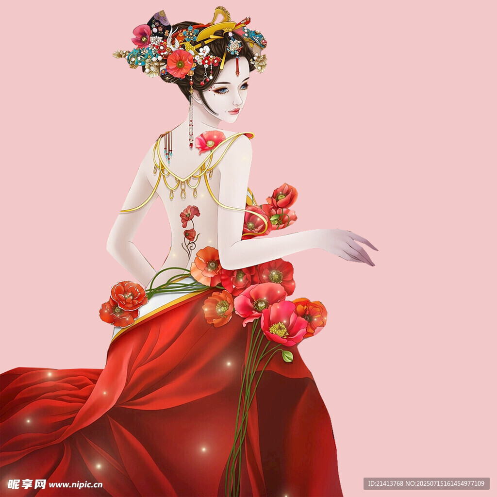 古风红衣花饰女子优雅身姿