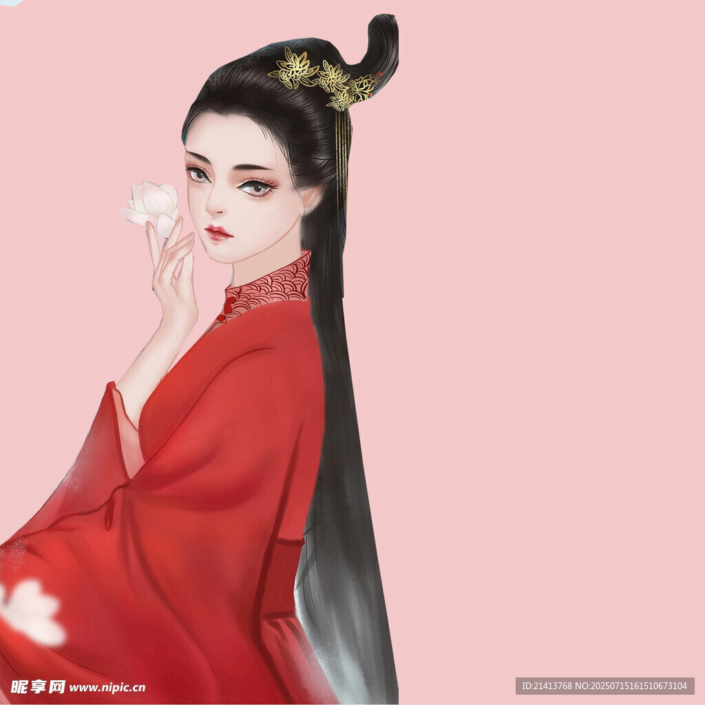 红衣古装女子优雅侧颜