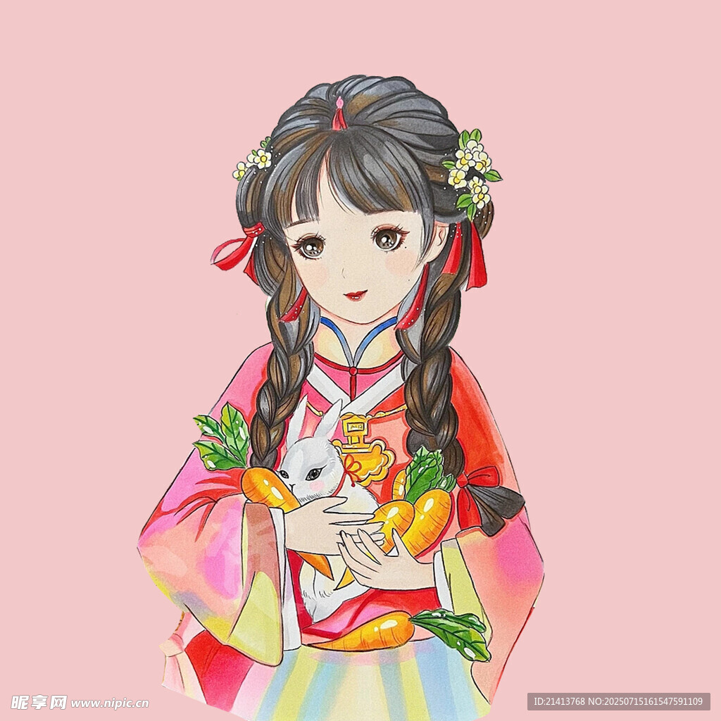 古风少女抱白兔插画