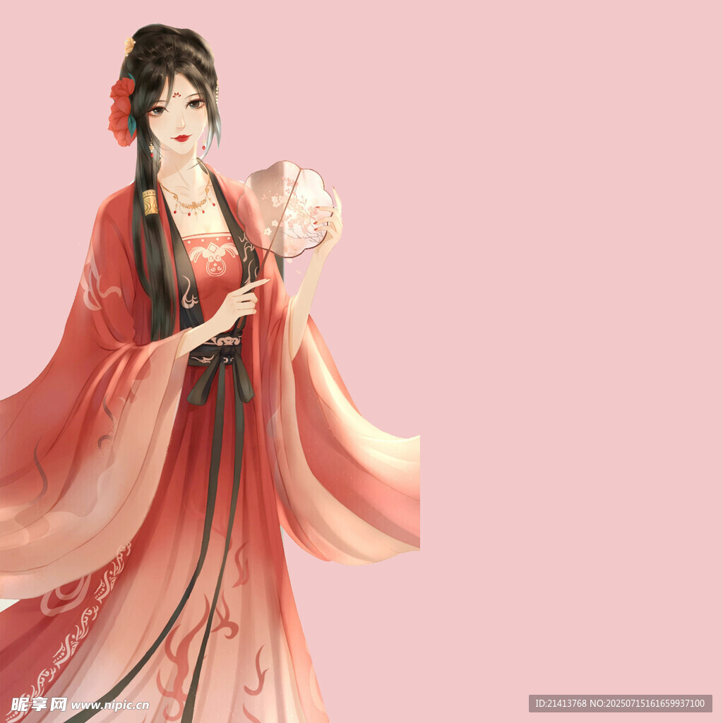 古风红衣持扇古典美人