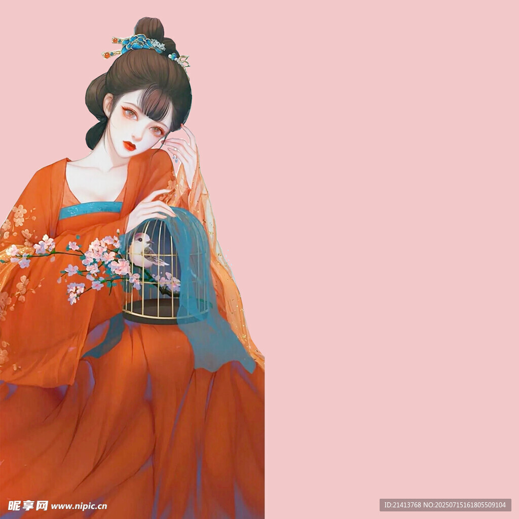 古风红衣女子手持花枝