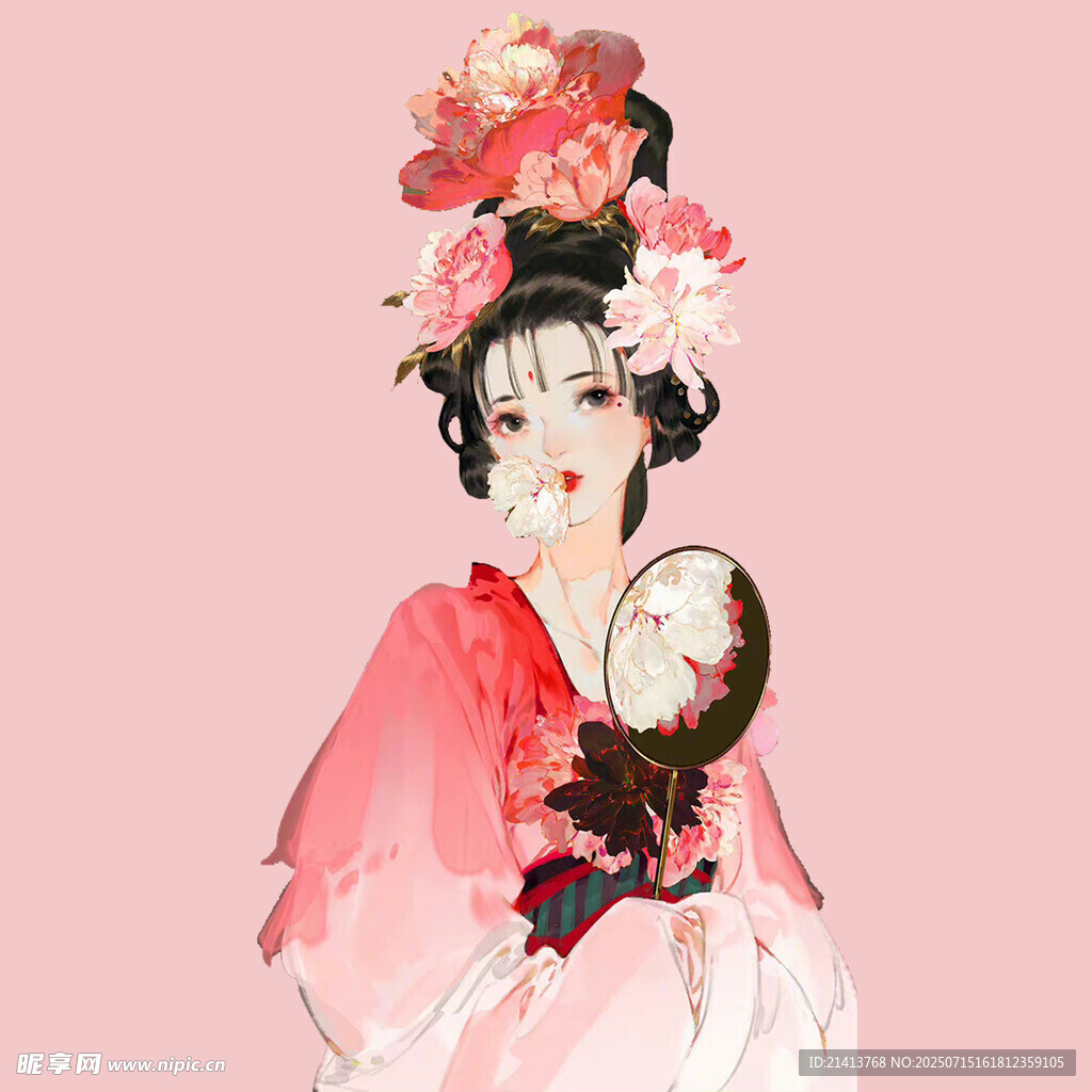 古风美人持扇  花饰添韵