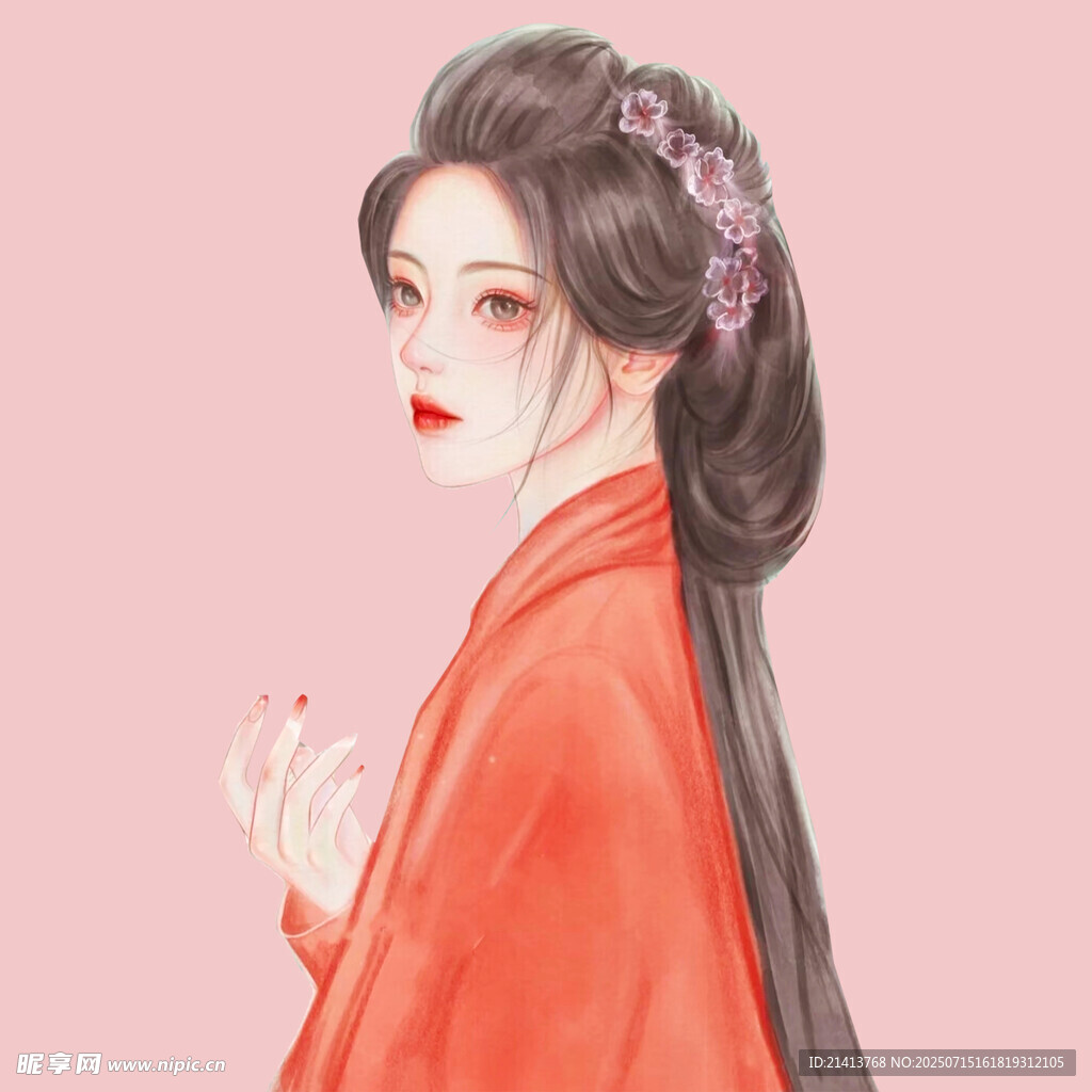 古风红衣女子优雅侧颜