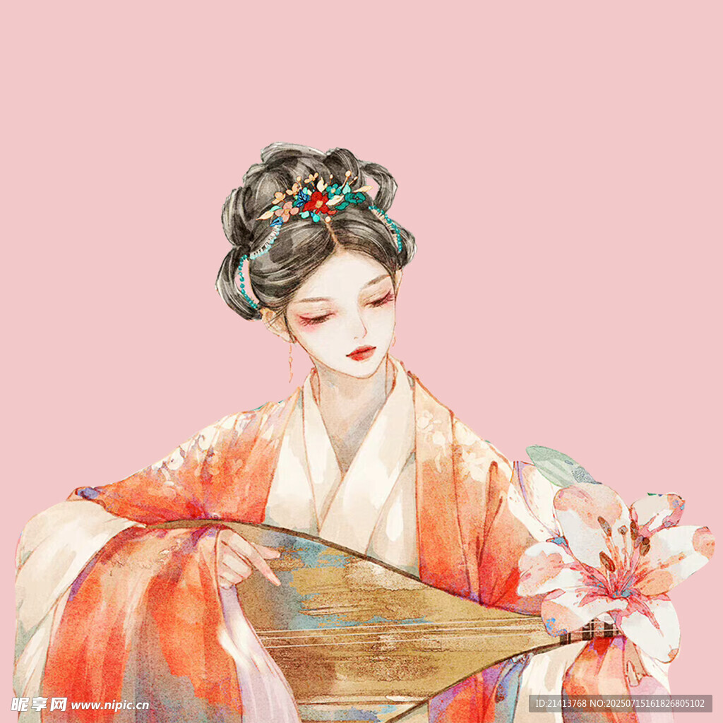 古典美人抚琴图