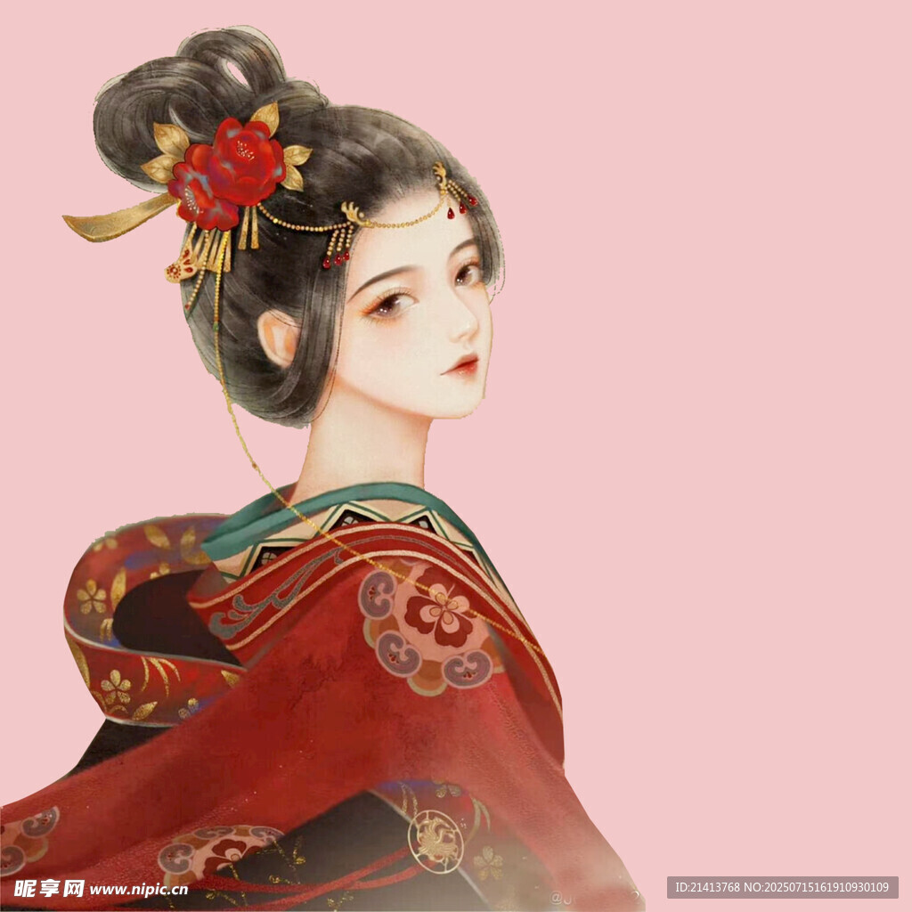 古风红衣佳人背影
