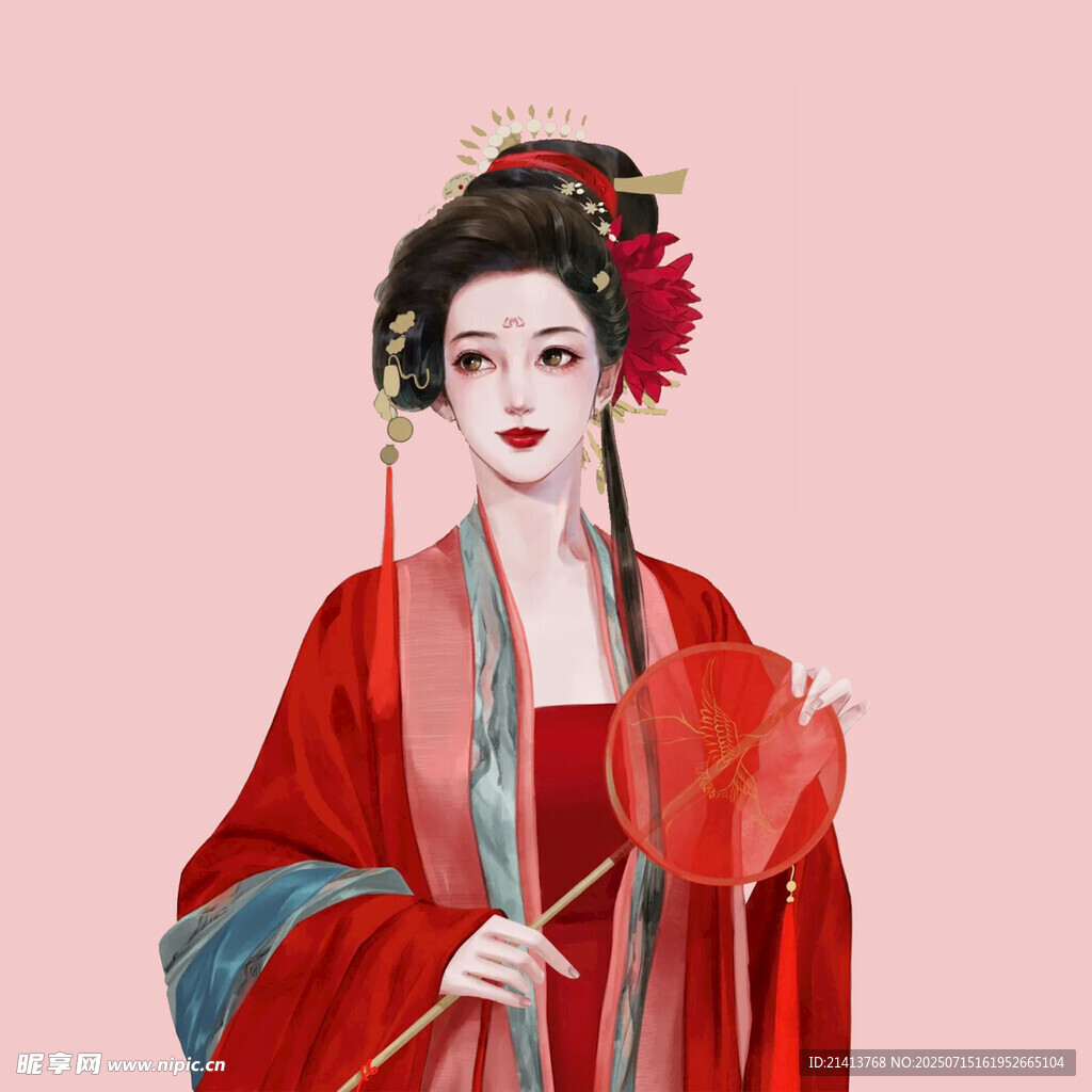 古风红衣持扇古典美人