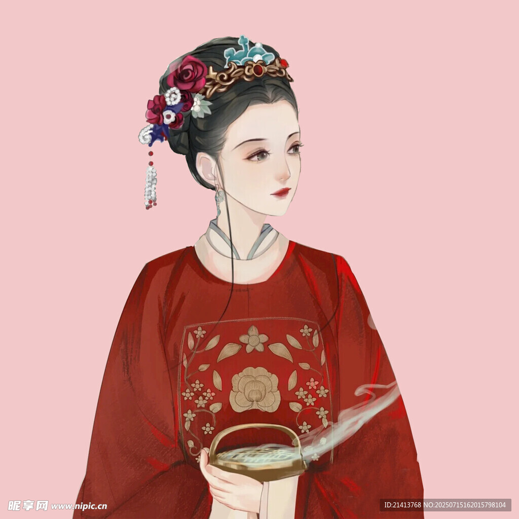 古风红衣女子持物优雅图