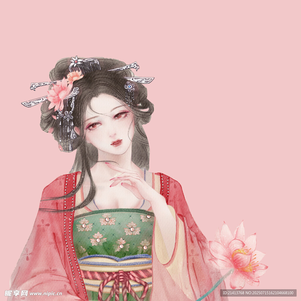 古风汉服女子手持荷花