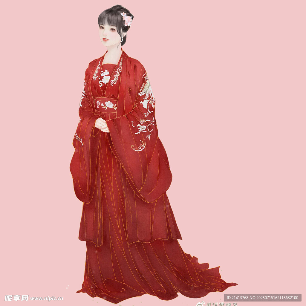 红衣古装女子优雅立姿