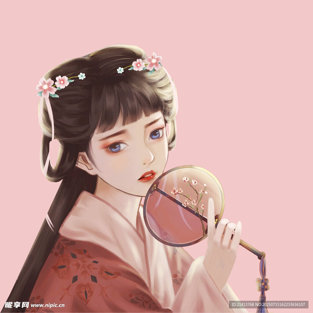 古风少女持扇对镜自赏
