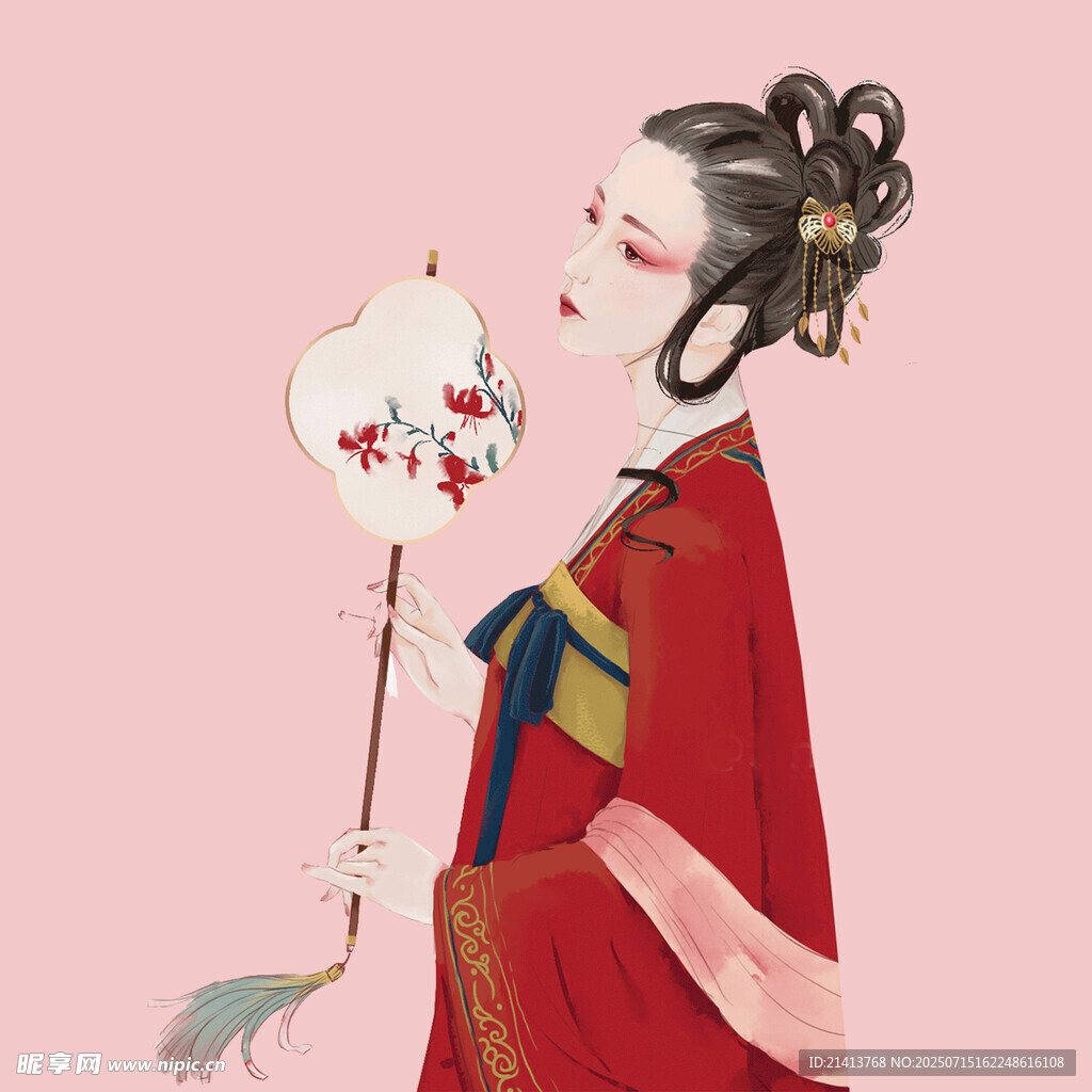 古风红衣女子持扇图