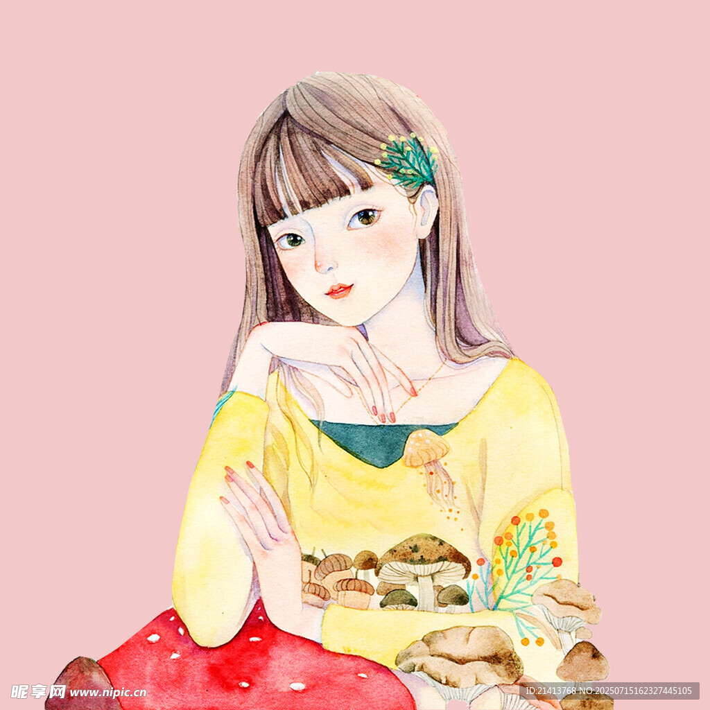 手绘少女与美食插画