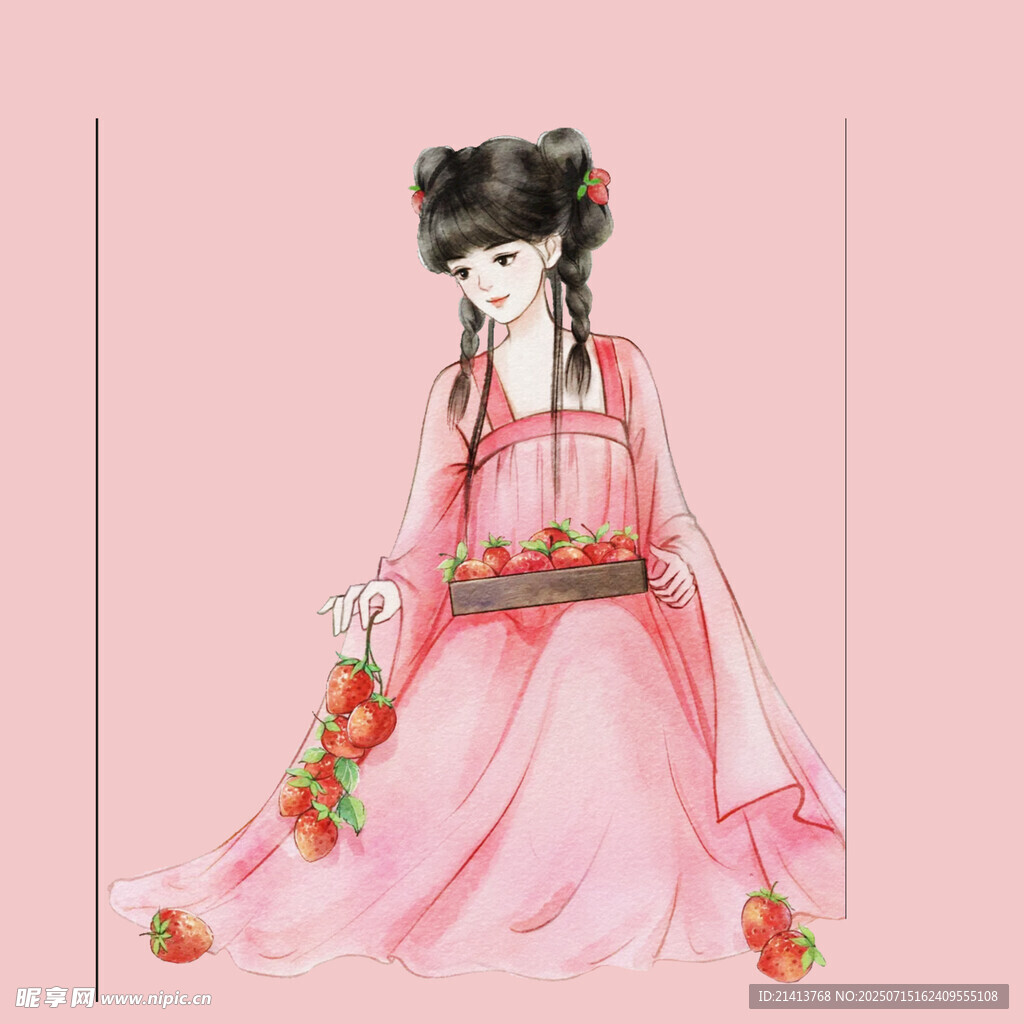 古风粉衣持花古典女子